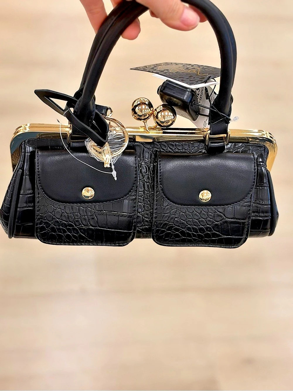 Baby Phat Black Croc Embossed Kiss Lock Handbag with Gold Accents